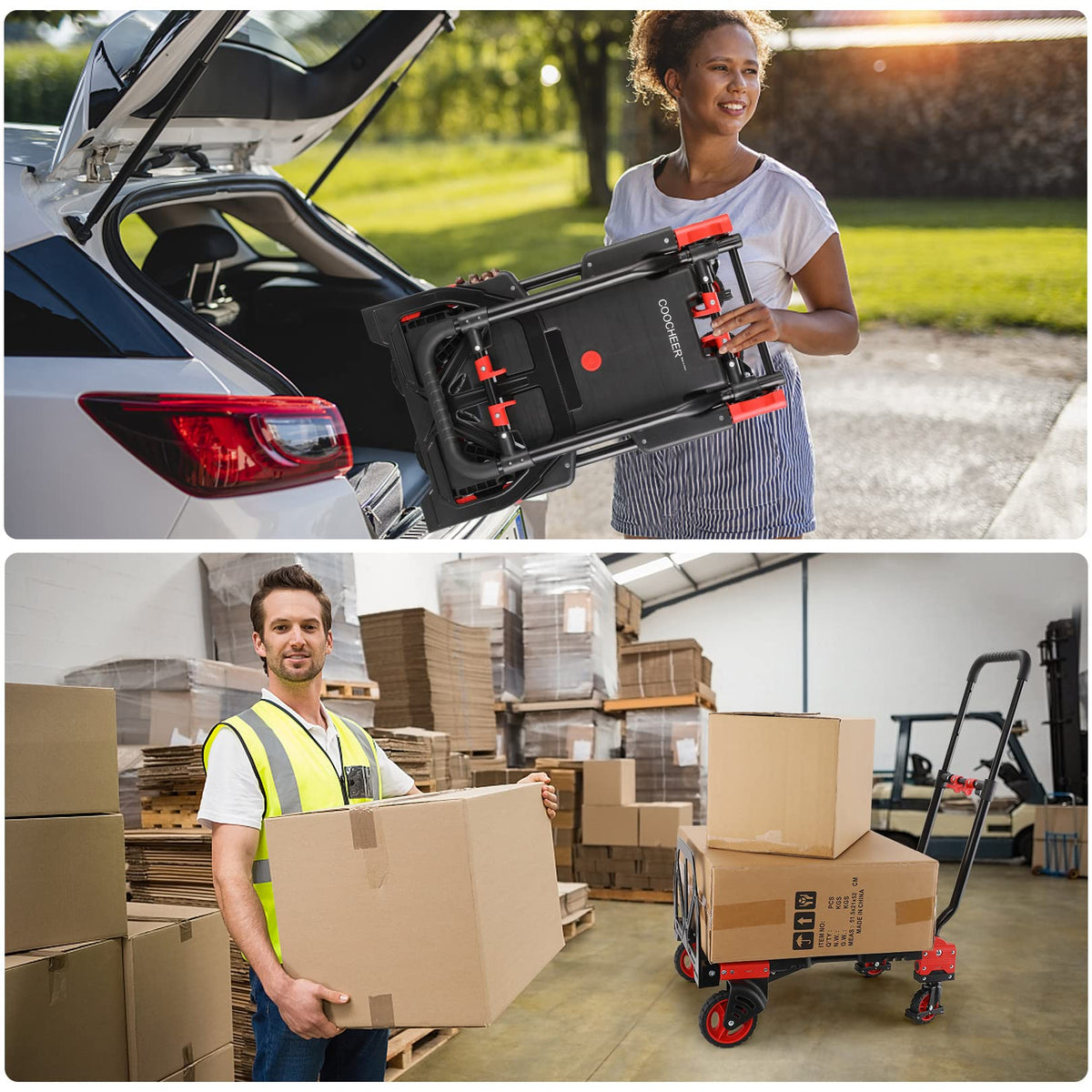 330LB Folding Hand Truck Heavy Duty Carrying, Combination of Four Wheels and Two Wheels Convertible Dolly Cart with Retractable Handle Dolly for Moving Office Carts.
