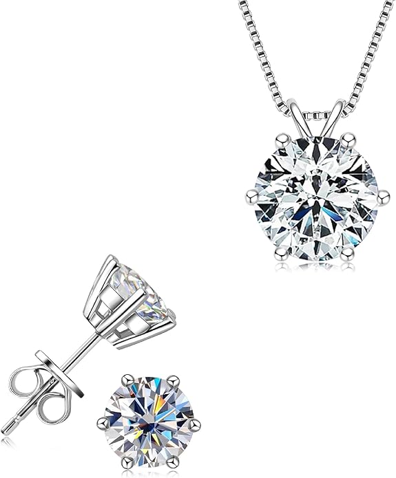 925 Sterling Silver Moissanite Jewelry Set - Classic European Design Necklace Earrings Set with Round Cut Moissanite Pendant - Adjustable Chain - Gift Box