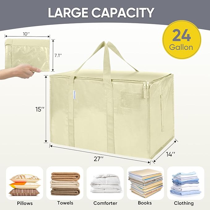 TICONN 8 Pack Extra Large Moving Bags with Zippers & Carrying Handles, Heavy-Duty Storage Tote Moving Boxes for Space Saving (8 Pack, Cream)