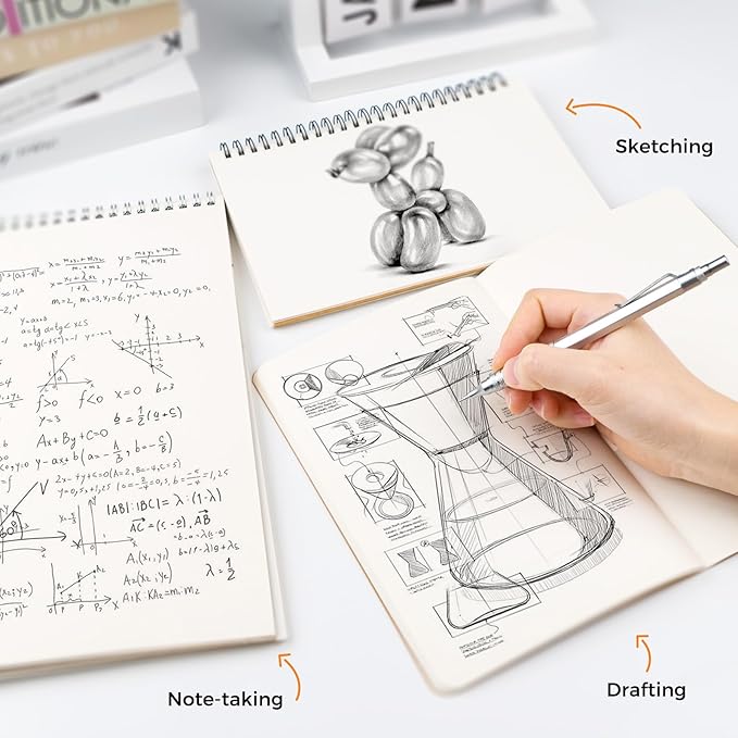 Four Candies 2PCS Metal Mechanical Pencils Set with Case, 0.5mm & 0.7 mm Artist Pencil with 6 Tubes (360PCS) HB Lead Refills, 3 Erasers,9 Eraser Refills For Writing Drafting, Drawing, Silver
