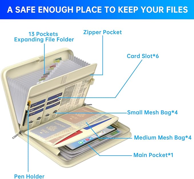 ENGPOW Accordion File Organizer,Fireproof Expanding File Folder with Multi Pockets,13 Pockets Document Organizer Bag with Handle & Labels,Portable Home Travel Safe Storage for Letter A4 Files,Beige