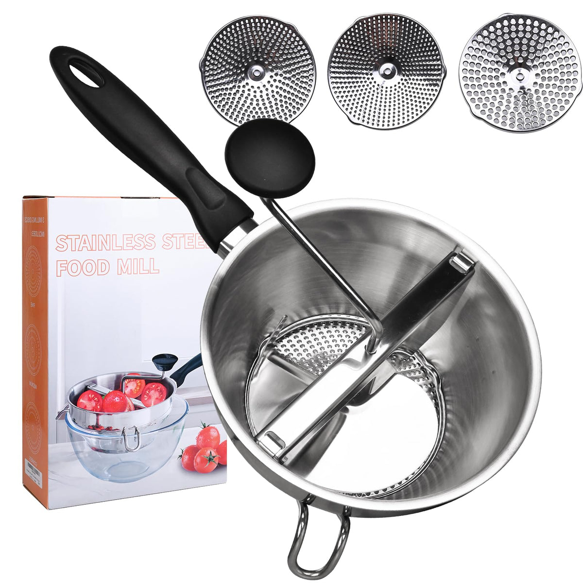 Stainless Steel Ergonomic Food Mill with 3 Grinding Discs, Compralo Rotary Food Mill for Tomato Apple Sauce, Puree, Mashed Potatoes, Jams, Dishwasher Safe