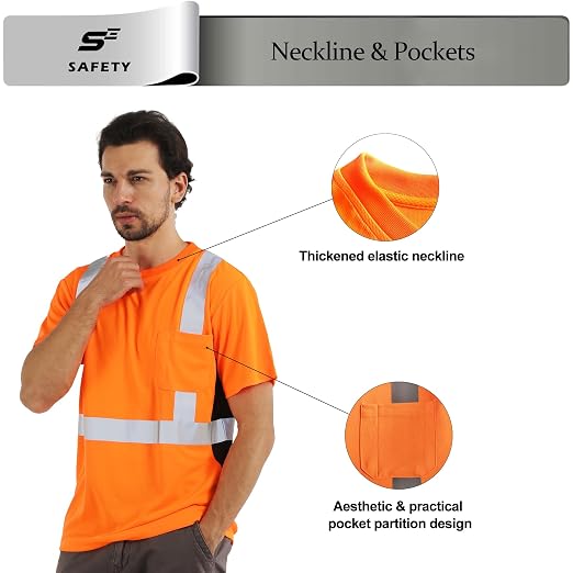 Hi Vis T Shirt Class 3 High Visibility Shirts for Men Safety Shirts with Reflective Strips and Pocket Breathable Construction Work Mesh Short Sleeve