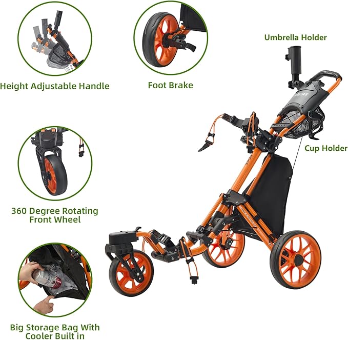 FLAGTAG Golf Push Cart 3 Wheel with 360 Swivel Front Wheel,Lightweight and Foldable Walking Golf Cart，One-Click Foldable,with Foot Brake