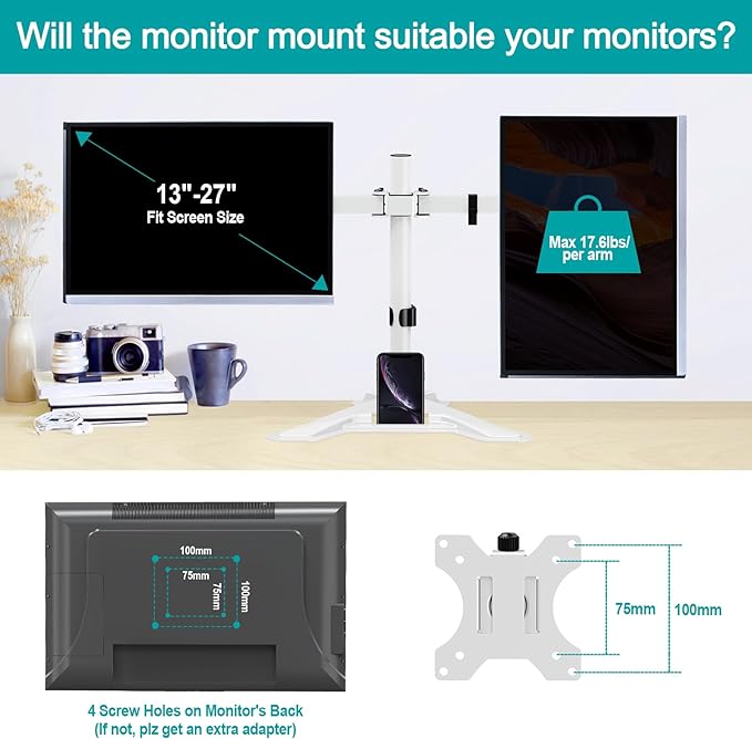 MOUNT PRO Dual Monitor Stand, Free-Standing Full Motion Monitor Desk Mount Fits 2 Screens up to 27 inches,17.6lbs with Height Adjustable, Swivel, Tilt, Rotation, VESA 75x75 100x100,White