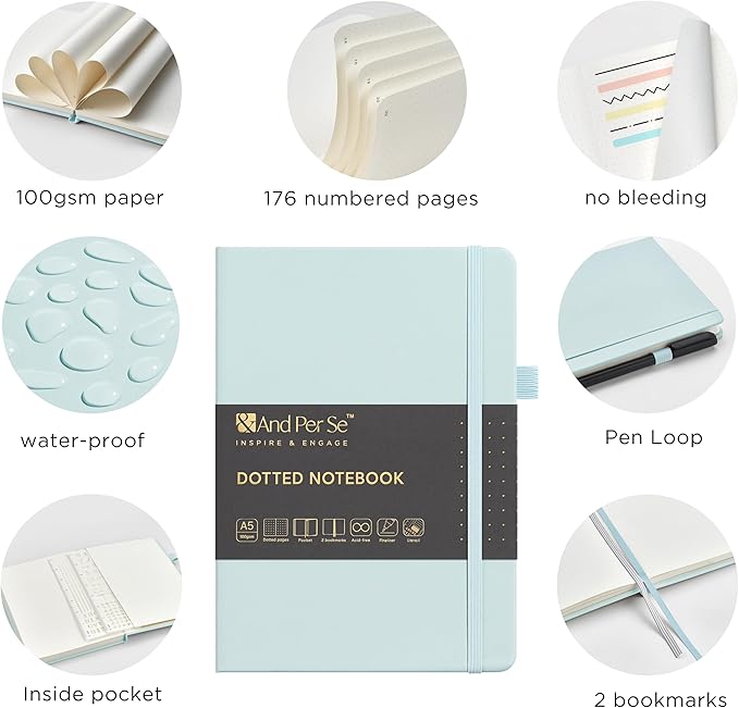 &And Per Se Bullet Dotted Journal Notebook, A5 Leather Hardcover, 176 Numbered Pages 100GSM Thick Dotted Paper, 2 Sheets of Stencils Included - 5.7'' x 8'' (Cyan)