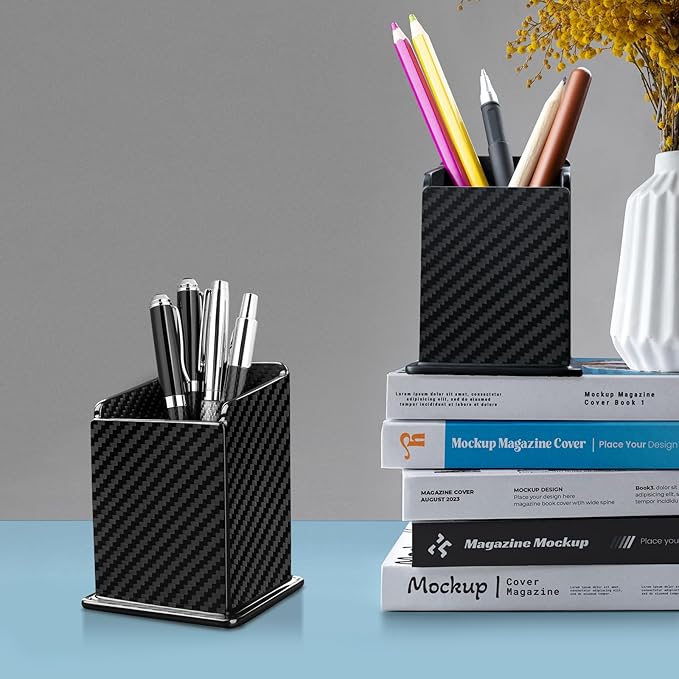 Carbon Fiber Pen Holder Pencil Holder for desk, Desktop Organizer and Black Pencil Cup for Office, School, Home,Glossy Black
