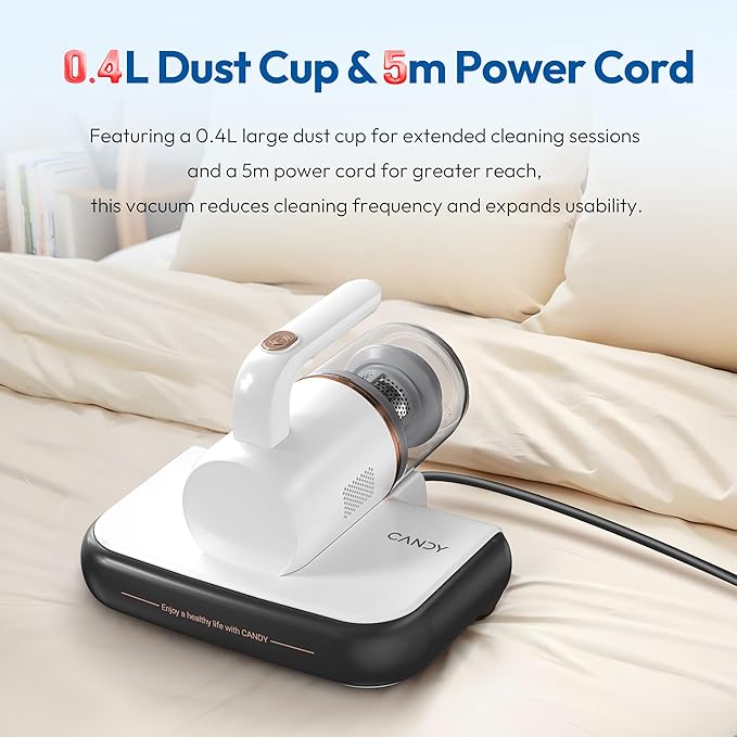 Candy Mattress Vacuum Cleaner UV Sanitizing with HEPA Filter,350W Anti-Allergen for Bed,Carpet,Couch,Dust & Pet Hair, 0.4L Dust Cup with Washable Fliter, Auto UV Shutoff & Overheat Protection