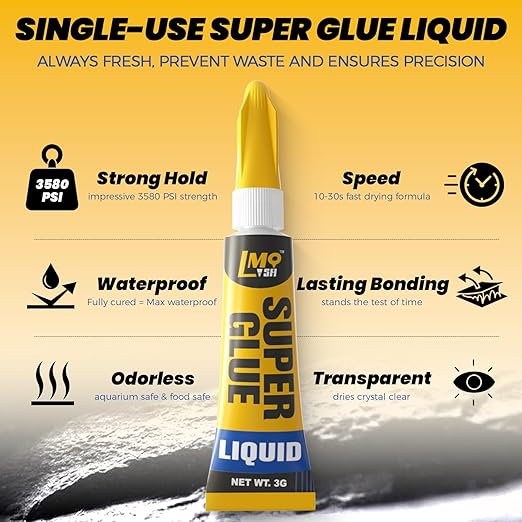 Super Glue 24x3g Liquid CA Glue, Clear Cyanoacrylate Adhesive Single Use for Shoe Sole Repair Ceramic Plastic Model Metal Wood Aquarium Leather Pottery Glass, Food Safe Strong and Instant Bonding