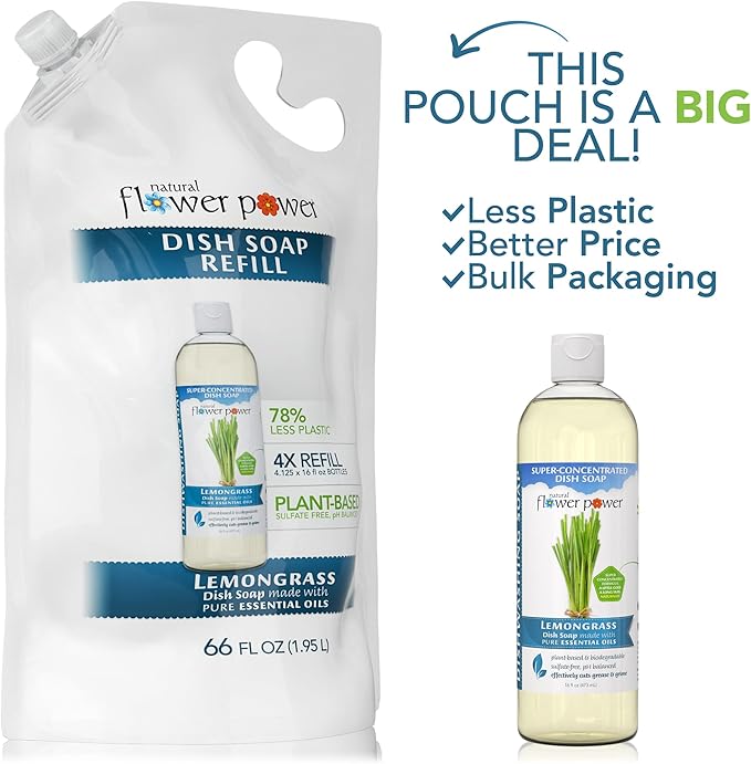 Natural Flower Power Liquid Dish Soap Refill – 66 Fl Oz Refills 4X – Plant-Based & Scented w/Pure Essential Oils – Natural Dishwashing Detergent – Sulfate-Free Kitchen Soap (Lemongrass)