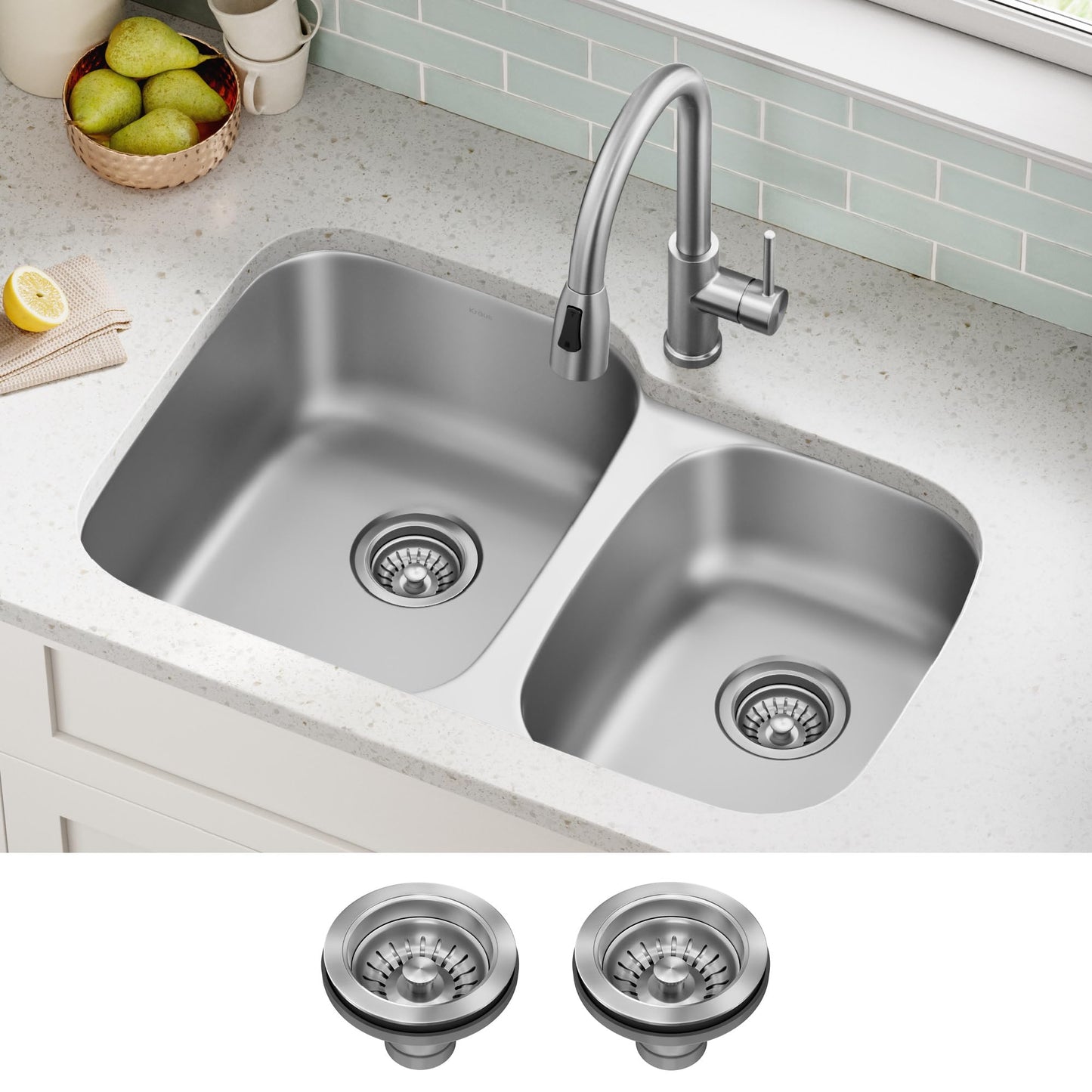 KRAUS Premier 32-inch Undermount 60/40 Double Bowl with Low Divider 18-Gauge Stainless Steel Kitchen Sink with Strainers (x2), KBU24