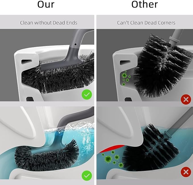 HAMITOR Toilet Bowl Brush Holder Set: Bathroom Deep Cleaning Toilet Cleaner Scrubber Under Rim with Curved Bristle for Dead Corner Clean - Hidden Rv Toilet Decorative Accessories with Caddy- Gray