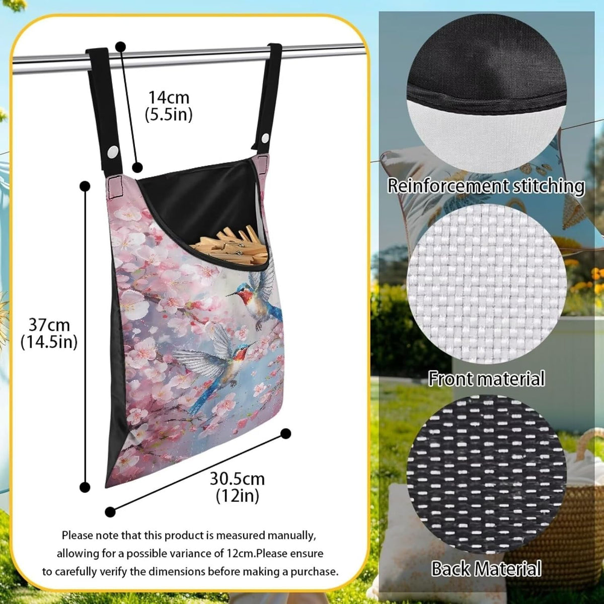 Hummingbird Clothespin Bag with Hanging Hook Cherry Blossom Clothes Pin Holder Waterproof Clothespin Storage Organizer with Large Opening Clothespin Bag for Clothesline Outdoor