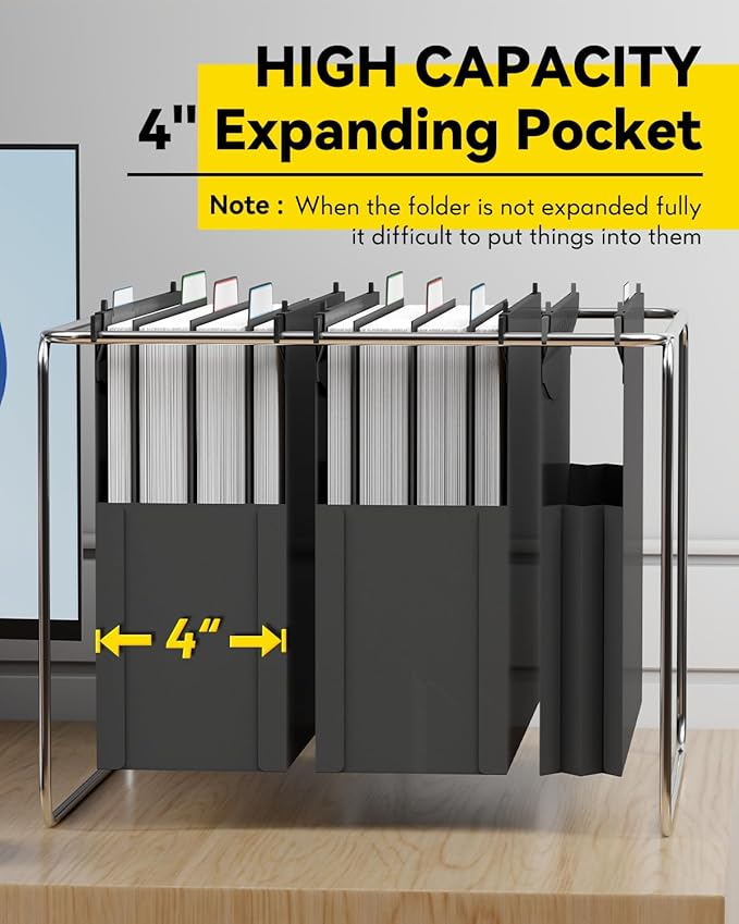 Ansook Plastic High Capacity Hanging File Folders,Heavy Duty 4”Expansion Accordian Pocket,Staggered Tabs with Movable Dividers, Extra Wide,Letter Size,Hanging Organizer for Filing Cabinet,6 Pack,Black
