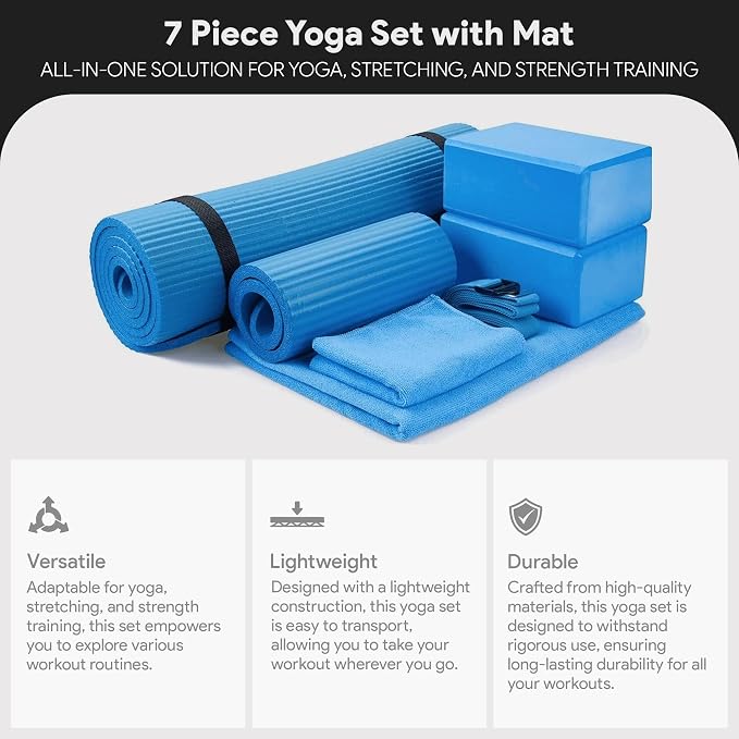 BalanceFrom 7-Piece Yoga Set with 71x24x0.5 Inches Extra Thick Mat and Carrying Sling – Includes 2 Blocks, Stretch Strap, 2 Towels, and Knee Pad for Home, Studio, and Gym Workouts