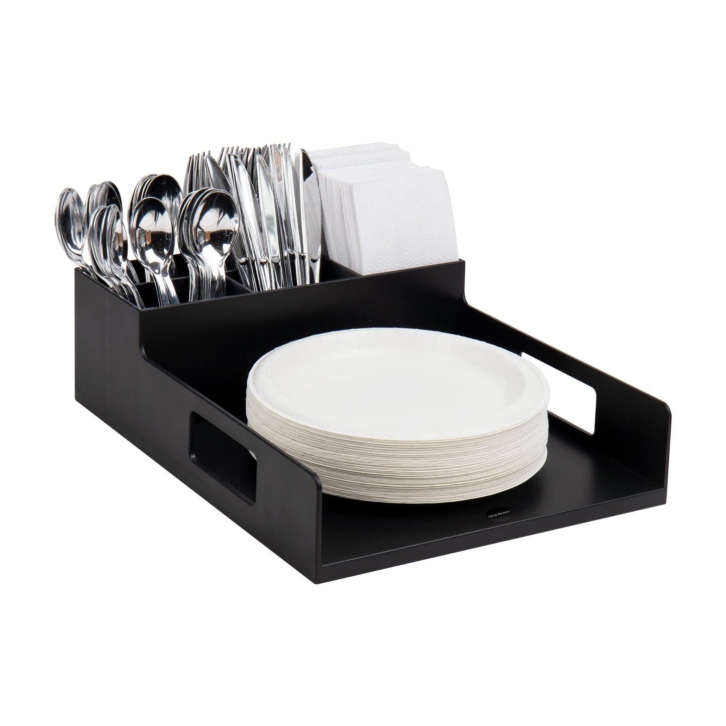 Mind Reader Utensil Napkin and Plate Organizer Tray, Countertop Caddy with 7 Compartments, Holds Plates up to 10.5 Inches, Breakroom and Buffet Organizer, Plastic, Black