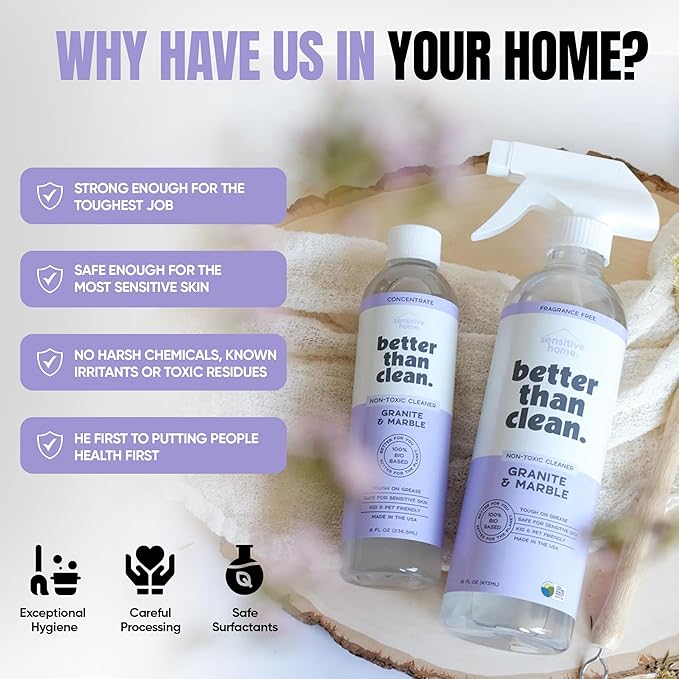 Better Than Clean™ Marble & Granite Cleaner Starter Pack – Natural Stone Cleaner for Granite, Marble, Quartz, – Plant-Based, Fragrance Free, Non-Toxic – 8oz Concentrate + 16oz Empty Refillable Bottle