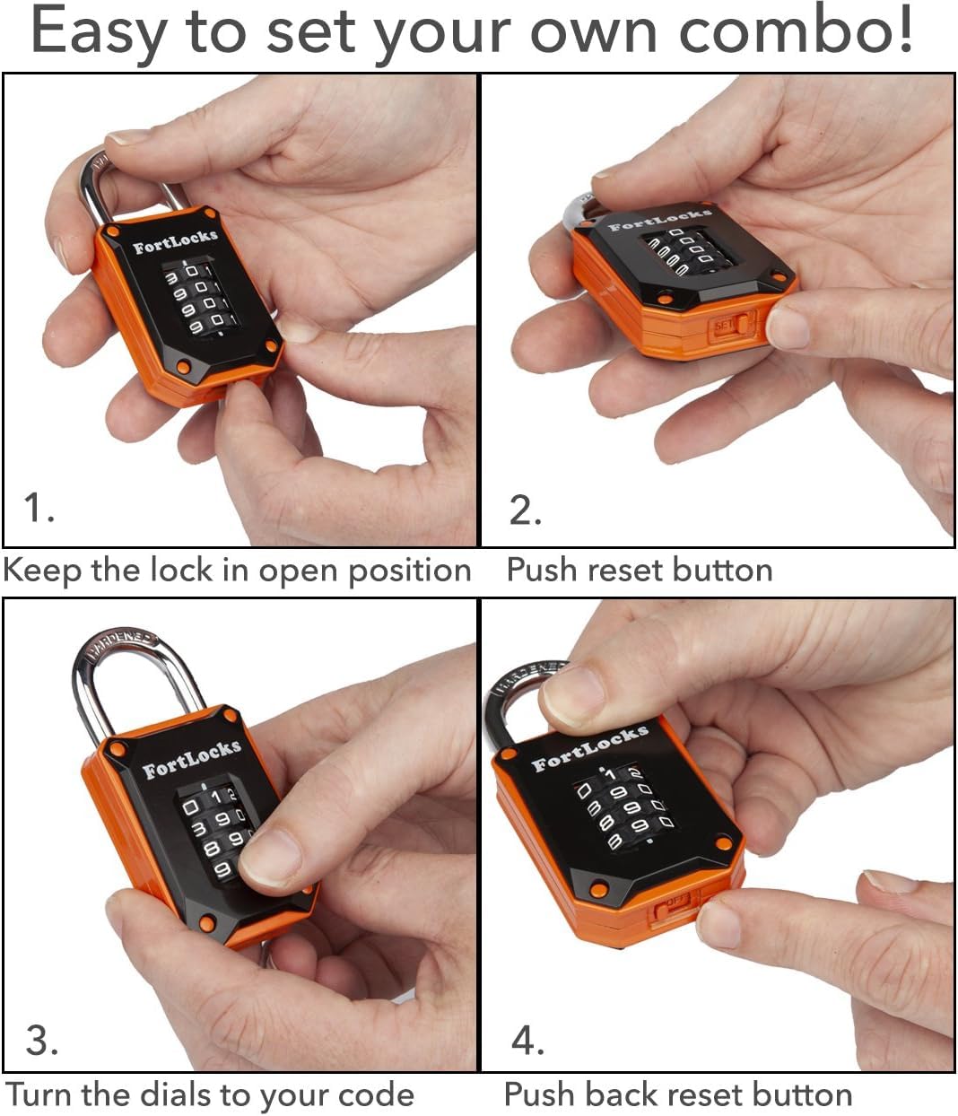 FortLocks Gym Locker Lock - 4 Digit, Heavy Duty, Hardened Stainless Steel, Weatherproof and Outdoor Combination Padlock - Easy to Read Numbers - Resettable and Cut Proof Combo Code - 1 Pack Black