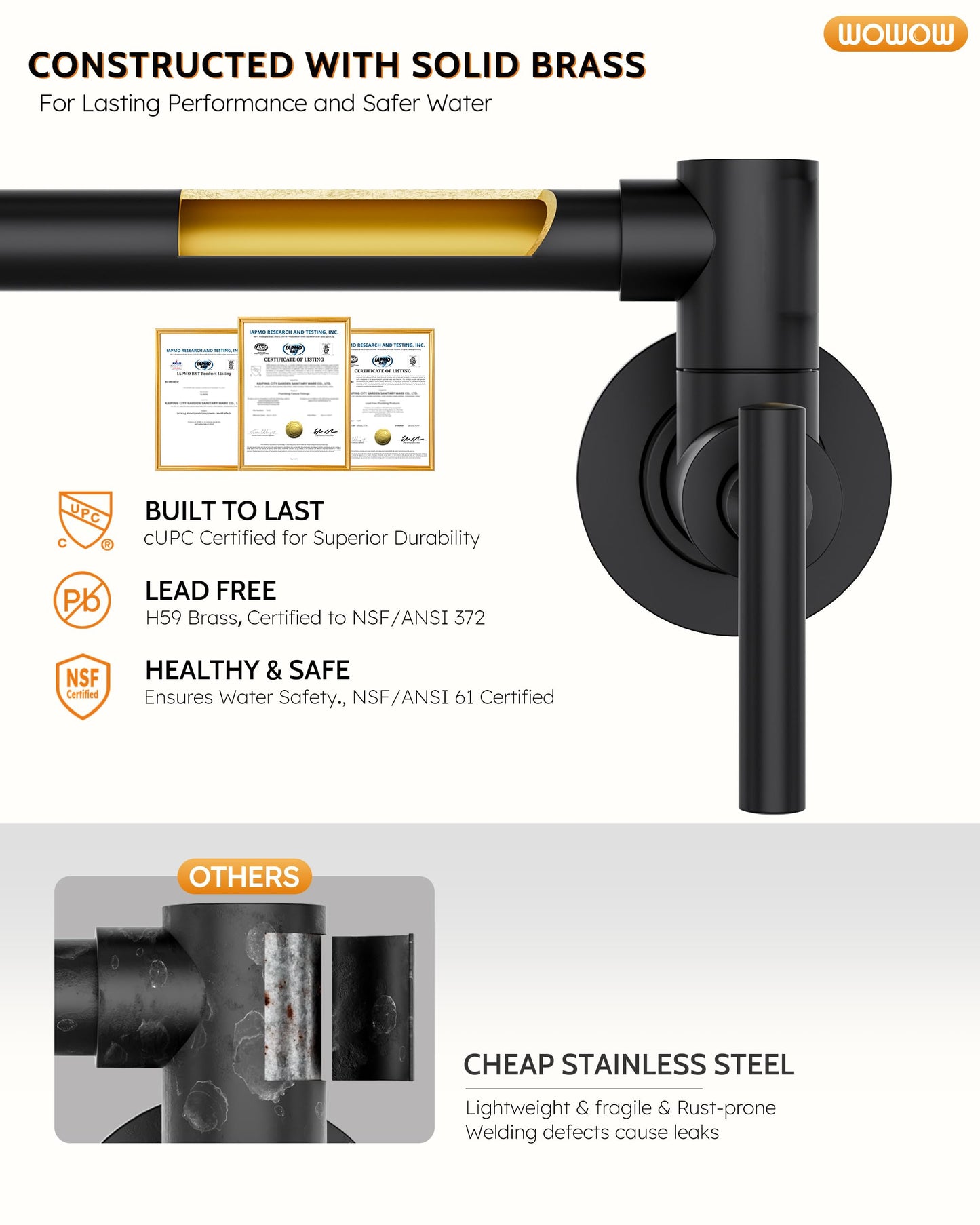 WOWOW Pot Filler Faucet Matte Black, Brass Pot Filler Wall Mount Kitchen Stove Faucet with Double Joint Swing Arms