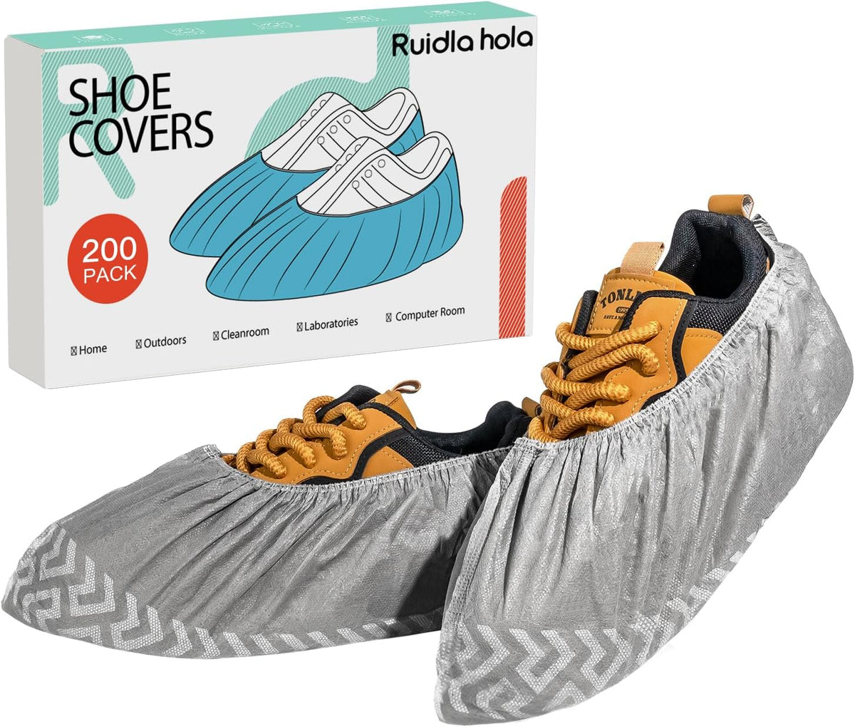 Shoe Covers Disposable 200 Pack (100 Pairs), Non-Woven Booties for Shoes, Durable Non-Slip Shoe Protectors for Indoors, Breathable Stretch Fit â L & XL Sizes, Black/Grey/Printed Options