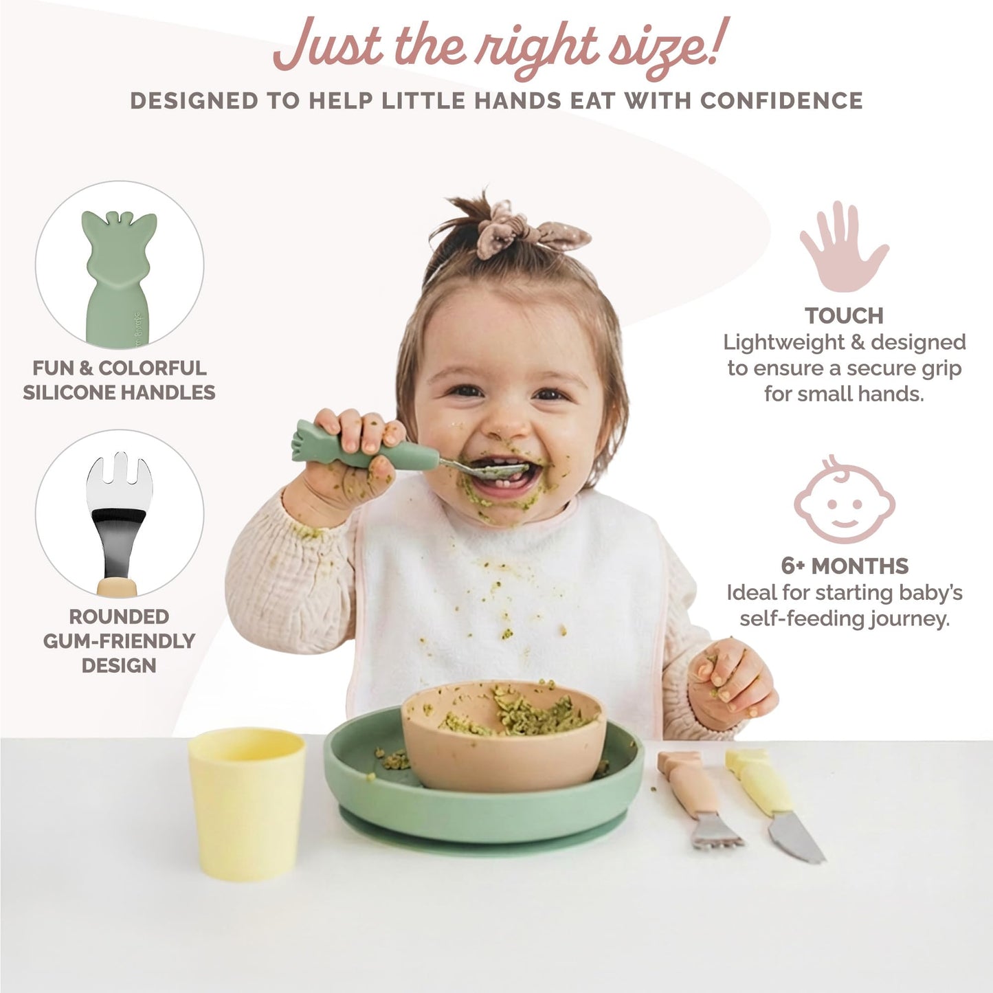 Sophie la girafe Baby Cutlery Set for Toddlers and Babies Easy Grip Fork Spoon and Rounded Safety Knife Stainless Steel First Feeding Utensils for Self Feeding