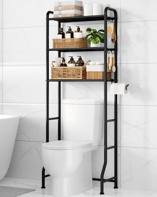 Kitsure Over Toilet Storage Rack - Metal Over Toilet Bathroom Organizer Shelf, Over the Toilet Storage Cabinet with Paper Holder and Hooks, Bathroom Cabinet for Laundry, Black, 3 Tiers (63.2" H)