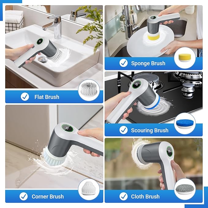 Electric Spin Scrubber, Cordless Shower Scrubber with Battery Level Display, 2 Speeds Electric Scrubber for Cleaning with 6 Replaceable Heads, Cleaning Brush for Bathroom/Sink/Window (Gray)