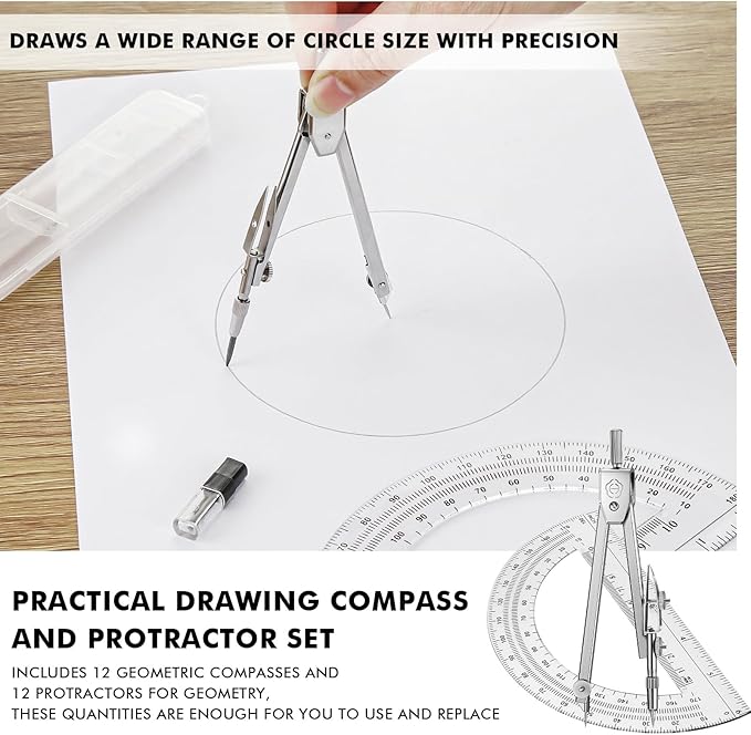 Zonon 12 Set Student Protractor and Compass Set, Student Geometry Math Set, Compass for Geometry and 180 Degree Math Protractor for Drawing Measuring School Office