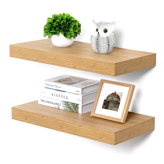 FLYJOE Deep Floating Shelves | 24 Inch Oak Floating Shelves Set of 2 | 12 Inch Deep Rustic Wood Shelves for Wall | 24" W x 12" D Oak Shelves for Living Room Bathroom Laundry Room Kitchen