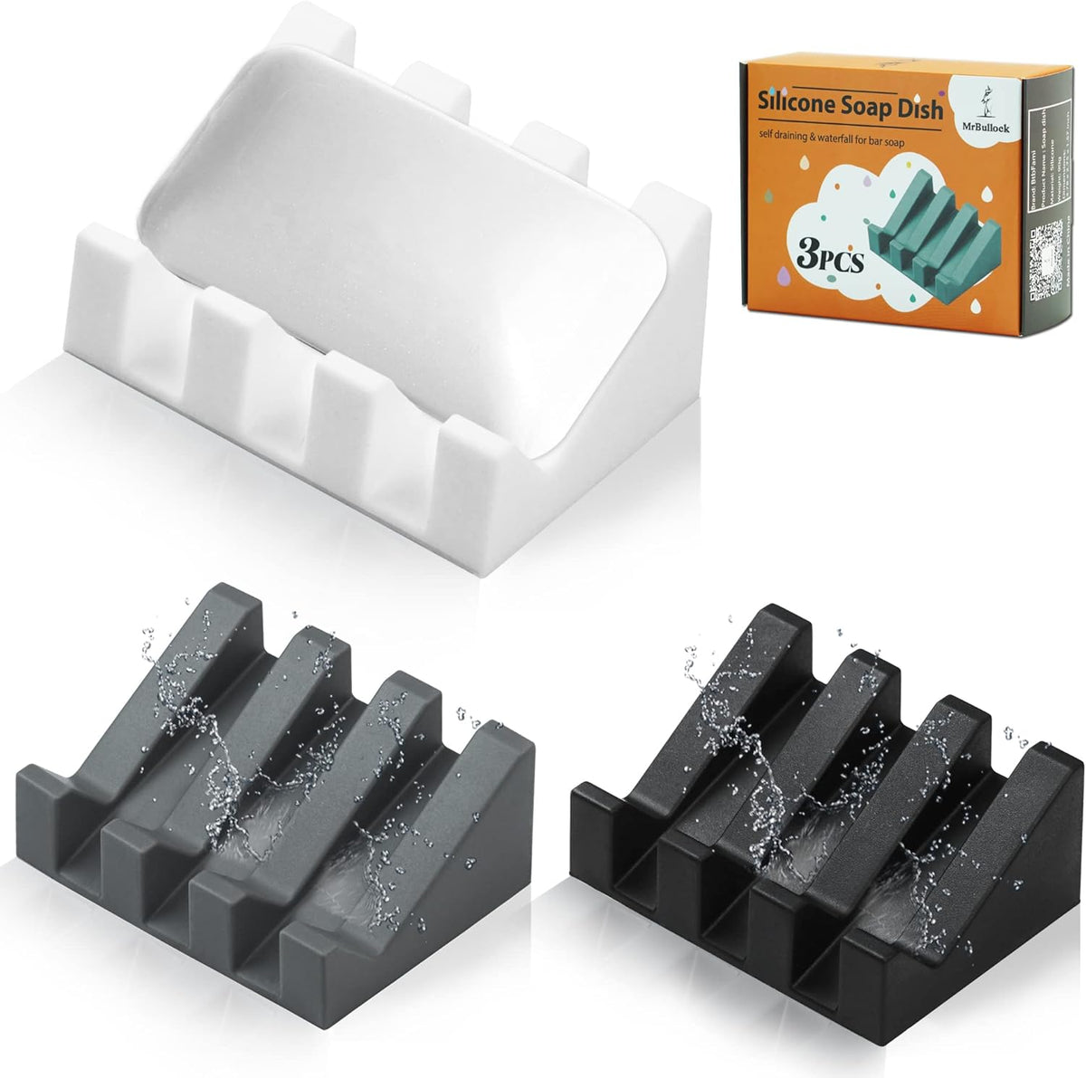 Silicone Soap Dish for Bar Soap Holder for Shower Bathroom Self Draining Waterfall Drying Tray Keep Soap Bars Dry Clean & Easy Cleaning (White Gray Black, 3)