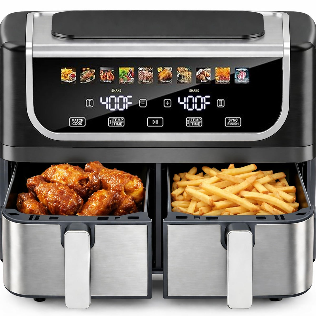 Simple Deluxe 9.5-Qt Dual Basket Air Fryer, 10-in-1 Digital Preset 1700W Airfryer, Sync Cook, Independent Temp Control, Shake Reminder, Nonstick Basket, Black