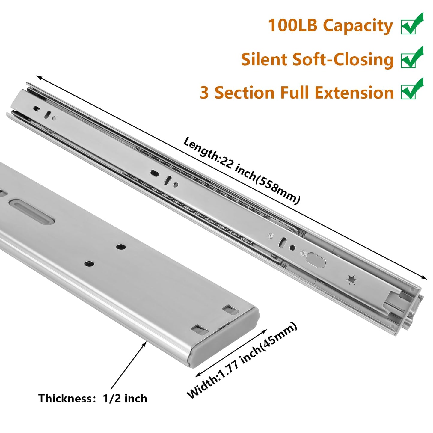 LONTAN Soft Close Drawer Slides 22 Inch Side Mount Heavy Duty Cabinet Drawer Glides 10 Pairs - Ball Bearing Full Extension Kitchen Cabinet Rails 100 LB Capacity