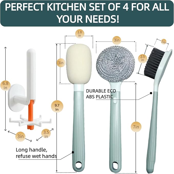 Dish Brush Set of 4 with Holder.Interchangeable Heads Kitchen Scrub Brush,Dishwashing Brush Set with Extended Handle,for Cleaning Pots,Pans,Bottles,Cups,Sinks,scrubbers for Dishes.Green