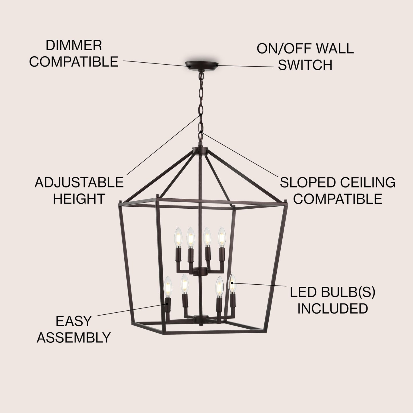JONATHAN Y 20" Oil Rubbed Bronze Lantern Pendant Light, 8-Light Pagoda Style Metal Cage Farmhouse Hanging Ceiling Fixture for Kitchen Island, LED Bulb Included (JYL7438A)