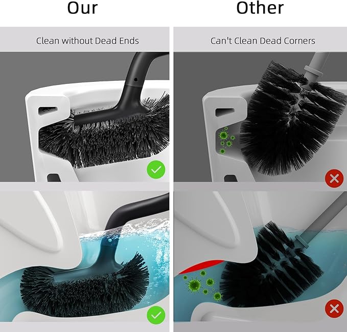 HAMITOR Toilet Bowl Brush Holder Set: Bathroom Deep Cleaning Toilet Cleaner Scrubber Under Rim with Curved Bristle for Dead Corner Clean - Hidden Rv Toilet Decorative Accessories with Caddy- Black