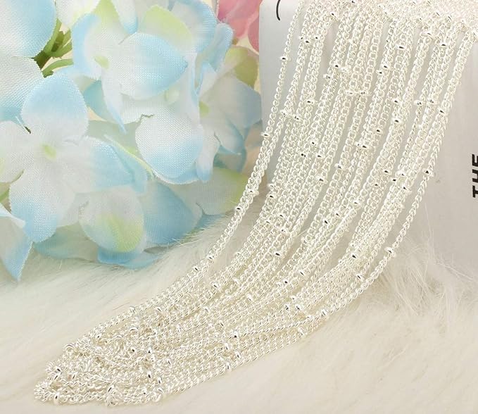 Wholesale 12PCS Silver Plated Brass Curb Chain Satellite Beaded Chains Bulk for Jewelry Making (16 Inch(1.5mm))