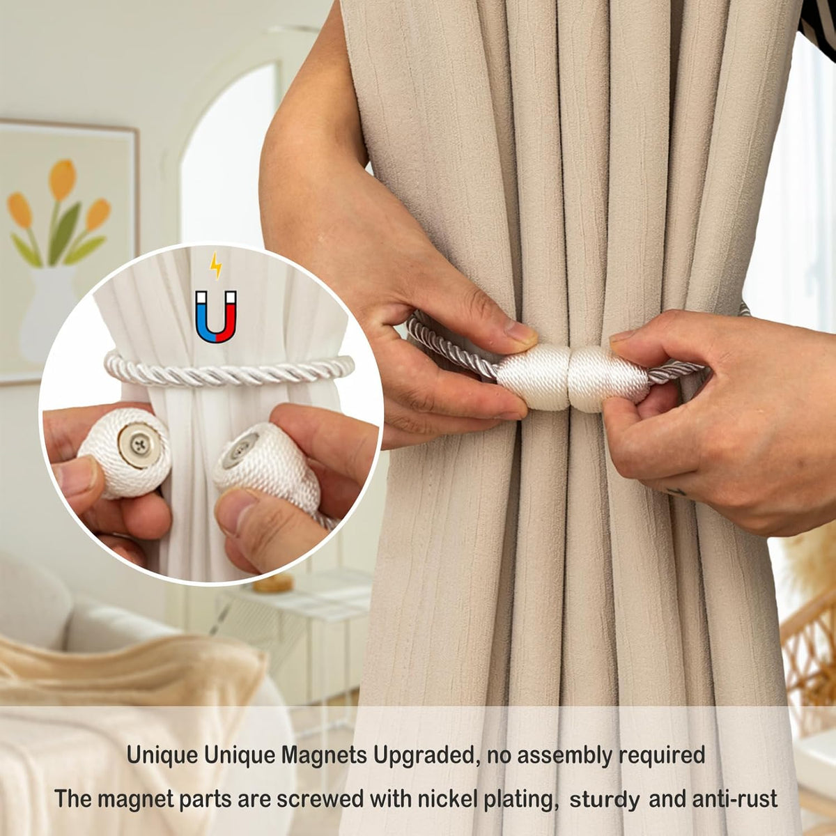 Magnetic Curtain Tiebacks Rope Tie Backs 2 Pack Curtains Holders for Drapes Decorative Window Holdbacks, White