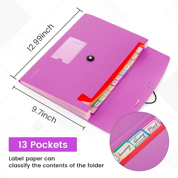 13 Pocket Expanding File Folder Accordian File Organizer, A4 Letter Size Paper Document Receipt Holder for School Office Supplies, Purple