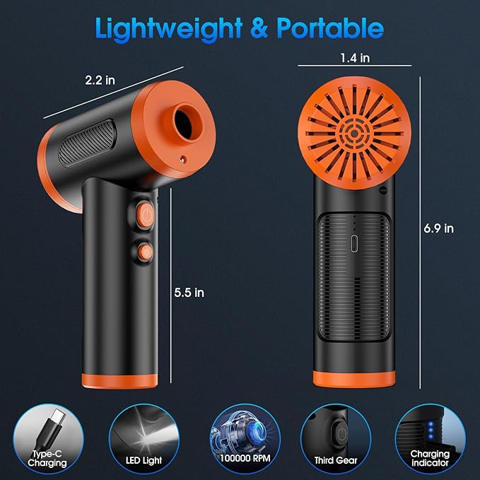 Compressed Air Duster, 100000RPM Handheld Car Vacuum/Air Blower& Pump, 3 Gear Adjustable Electric Air Duster/Car Vacuum Cleaner, Keyboard Duster with LED Light-10 Kits Air Blower for Computer(Orange)