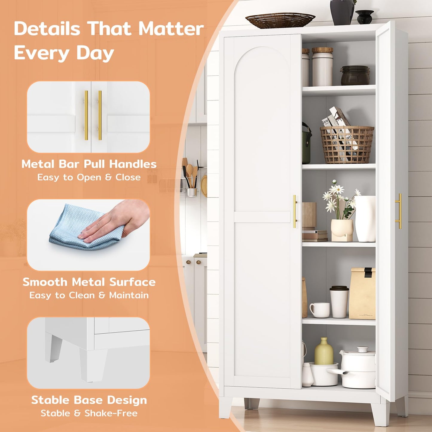 Zevemomo 71" Metal Pantry Cabinet with 4 Adjustable Shelves and 2 Doors, Freestanding Kitchen Storage Cabinet, Tall Steel Cupboard for Kitchen, Pantry, Dining Room, Living Room, Office, White
