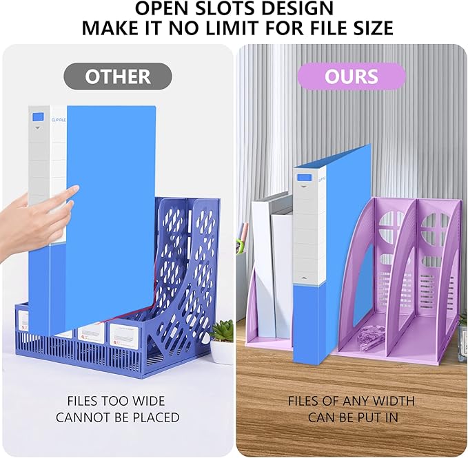 SAYEEC Magazine File Holder Folder Storage Desktop 4 Compartment Standing Hollow Purple Files Bookshelf Organizer Box Office Racks Displays Holds Notebooks Documents for School Working Students