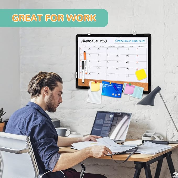 Monthly Calendar Whiteboard Dry Erase Cork Board Combination for Wall, 17x13 Magnetic Dry Erase Board, Double-Sided White Board, Portable Board for Office, Planning, Memo, School, Home (Black)