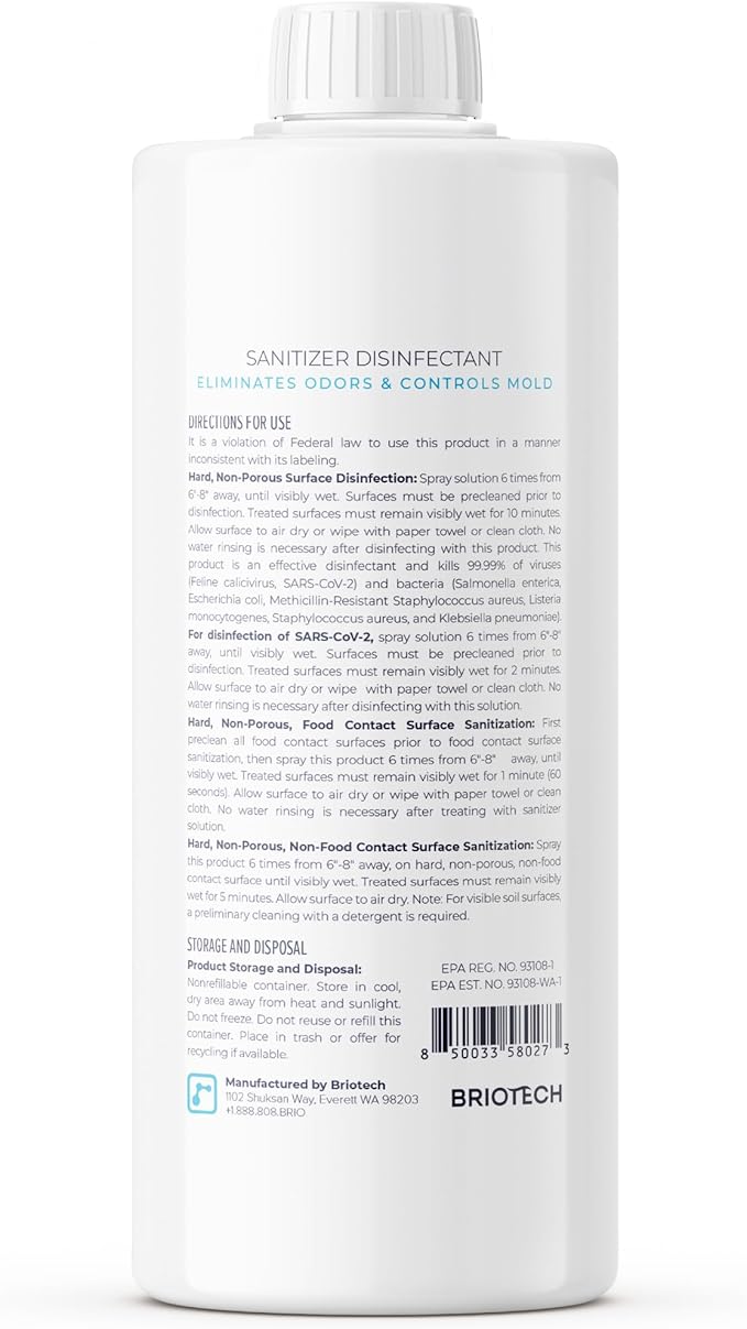 BRIOTECH Sanitizer Disinfectant Hypochlorous Spray, Kill 99.99% of Viruses & Bacteria, Control Mold, Eliminate Odor, Gentle for Nursery & Play Rooms, Food Contact Surface Sanitizer, 32 fl oz Refill
