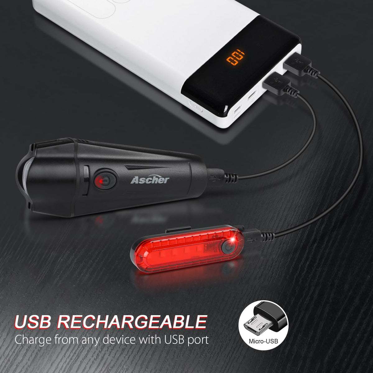 Ascher Ultra Bright USB Rechargeable Bike Light Set, Powerful Bicycle Front Headlight and Back Taillight, 4 Light Modes, Easy to Install for Men Women Kids Road Mountain Cycling Black