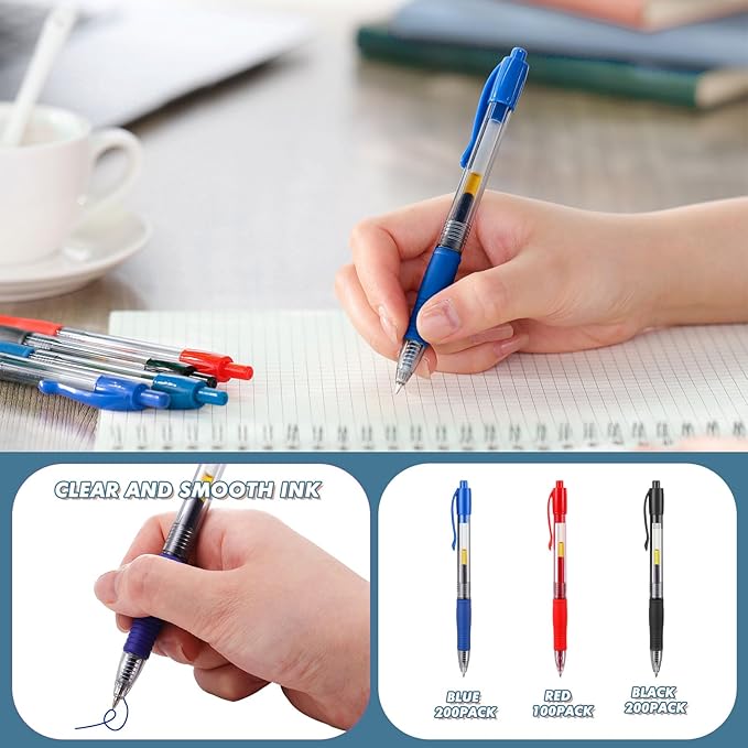Jetec 500 Pcs Premium Gel Roller Pens Bulk, Fine Point 0.7 mm, Retractable Gel Ink Roller Ball Pens for Writing Journaling Taking Notes Office (Black,Blue,Red)