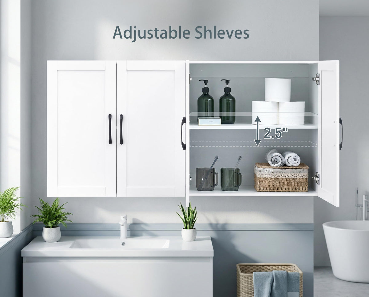 Cozivellia Wall Cabinet with Adjustable Shelves, Laundry Room Cabinet with 4 Doors, Kitchen Storage Cupboard Cabinet, Wall Mount Medicine Cabinet for Bathroom, Living Room, White