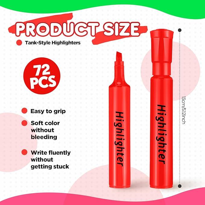 Qilery 72 Pack Highlighters Bulk, Tank Style Chisel Tip Highlighters Markers Quick Drying for Kids and Adult Coloring, Classroom Home Office School Supplies (Red)