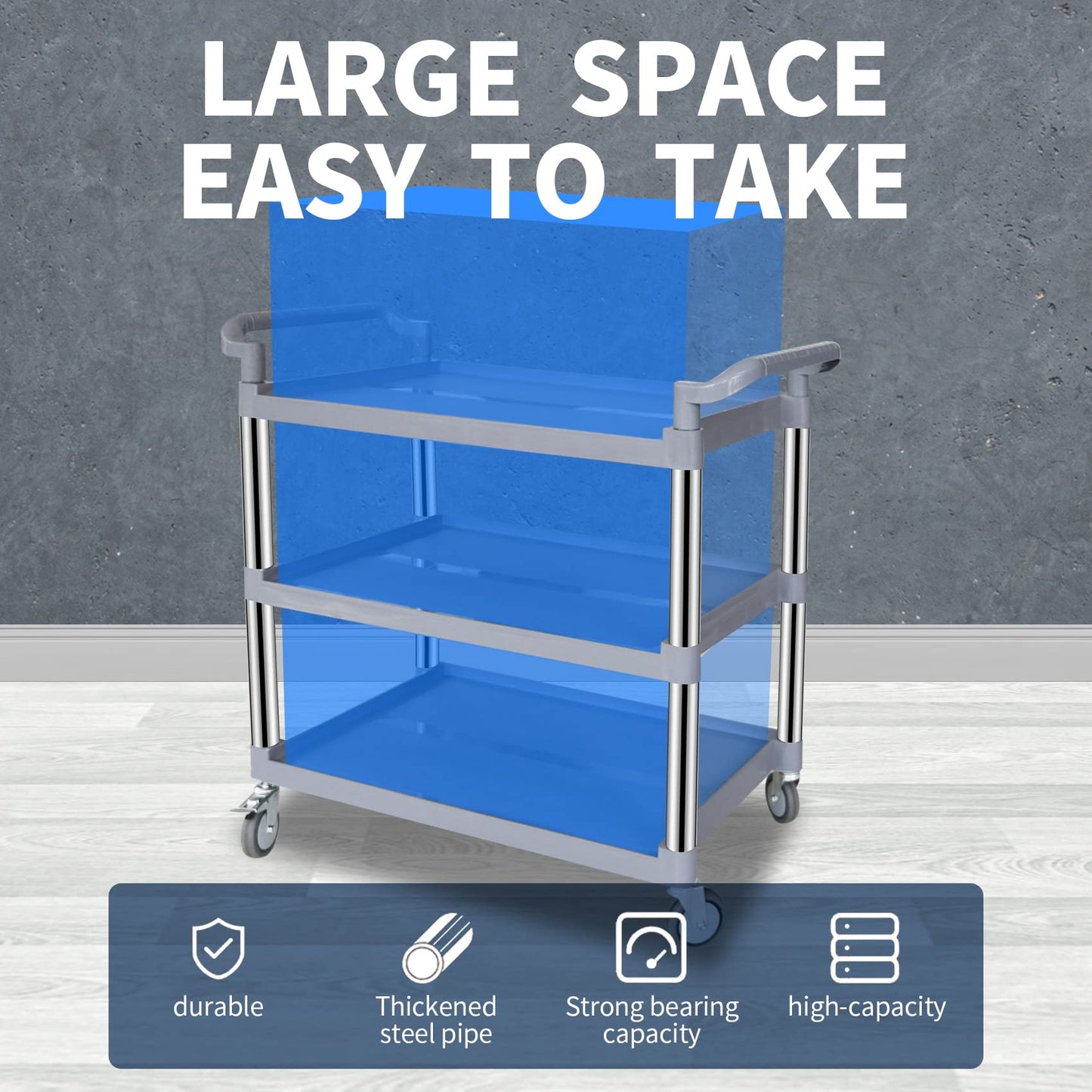UNICOO 3-Tier Heavy Duty Rolling Utility Cart with Lockable Silent Wheels, 550 Pound Capacity, Anti-Rust Frame, Easy-Clean Shelves for Restaurant, Office, Garage and Kitchen