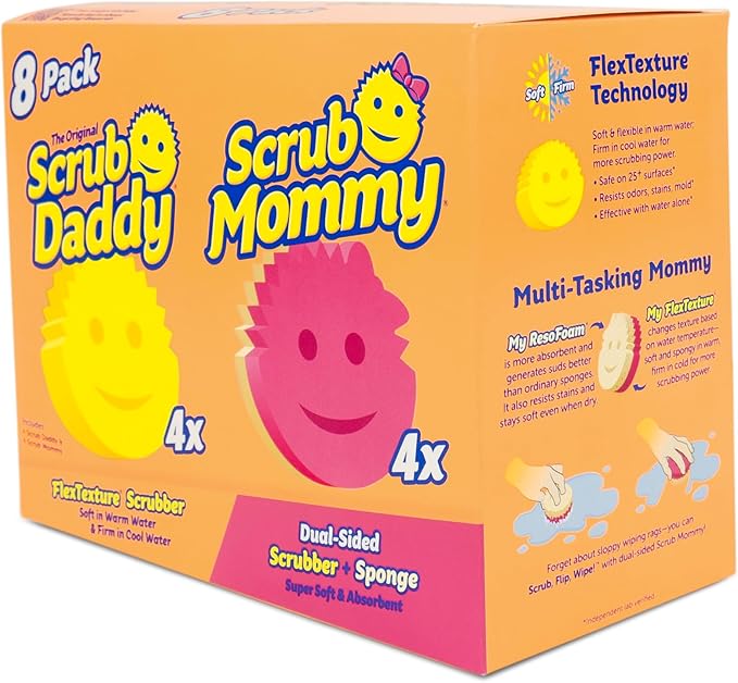 Scrub Daddy 4 Scrub Daddy Sponges & 4 Scrub Mommy Kitchen Sponges - Scratch-Free for Dishes & Multipurpose Cleaning - BPA Free & Made with Polymer Foam - Stain & Odor Resistant (8 Pack)