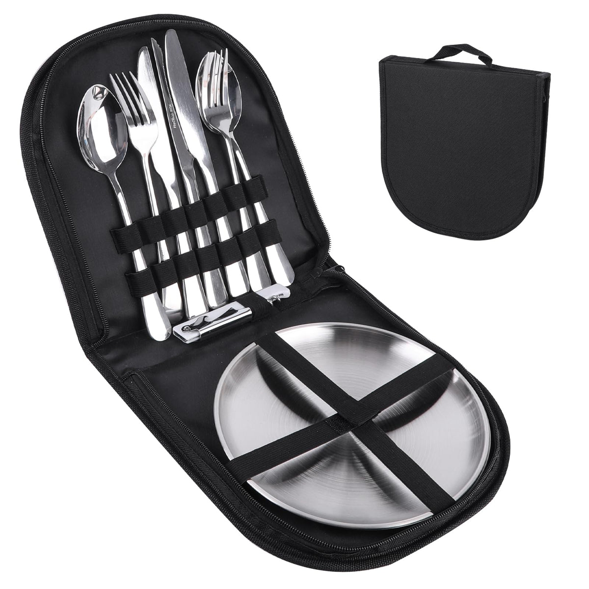 Outdoor Camping Silverware, 10Pcs Set Stainless Steel Outdoor Camping Mess Kits Includes Forks, Spoons, Knives, Fork Spoon Dish and Cap Opener, Plates - Portable Cutlery Bag (Stainless Steel)